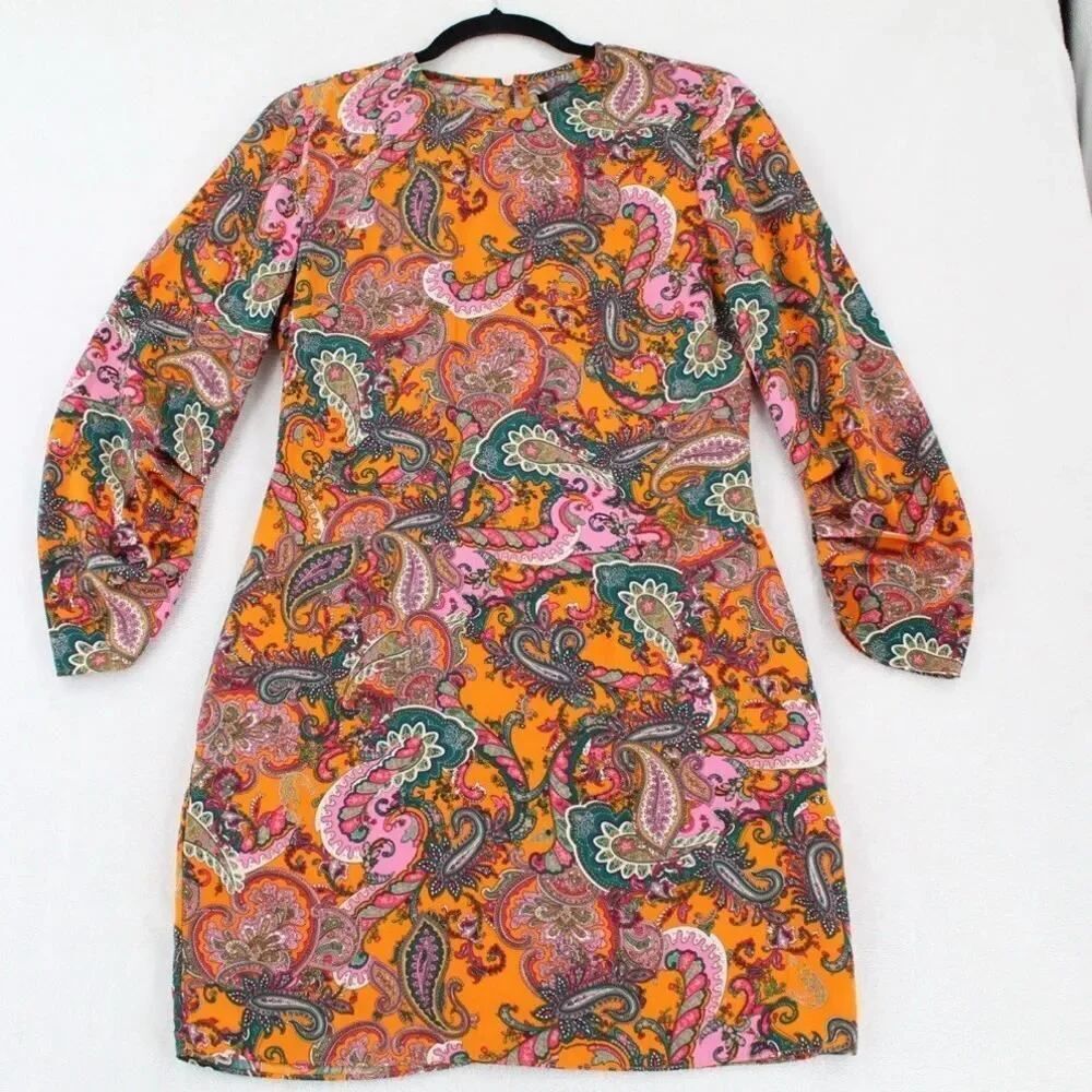 Code Mode Paisley Mini Dress Woman’s Small Orange Pink Mod Retro 3/4 Sleeve